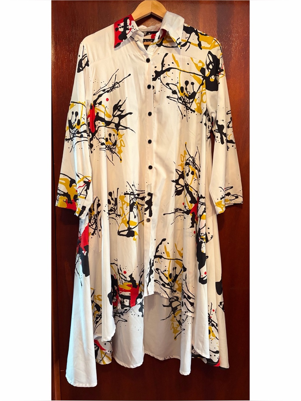Women’s Abstract Print Longline Dress - White with Black, Yellow & Red Acc